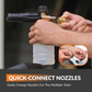 Person changing a quick-connect nozzle on  the retractable electric pressure washer with text overlay indicating the product has quick-connect nozzle to allow easy change nozzles for multiple tasks. 