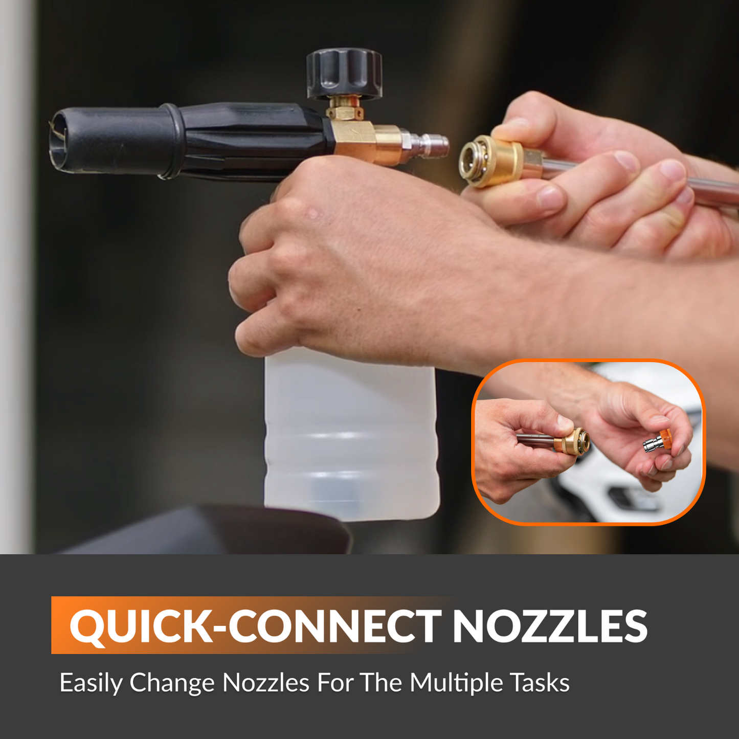Person changing a quick-connect nozzle on  the retractable electric pressure washer with text overlay indicating the product has quick-connect nozzle to allow easy change nozzles for multiple tasks. 