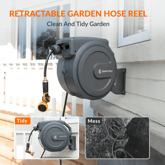 Retractable garden hose reel with a person using it in a garden setting with text indicating it will give you a tidy yard.