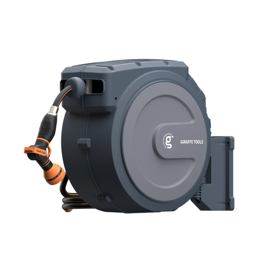 Retractable garden hose reel with hose and nozzle on a white background