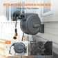 Retractable garden hose reel with a comparison of tidy image with the installed hose reel on exterior of a home  vs messy setup of a hose laying on the ground.