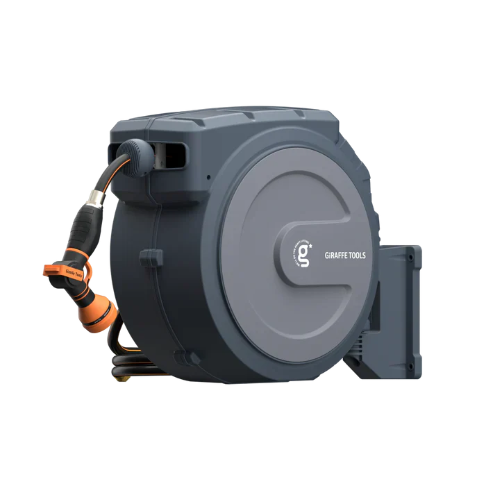 Retractable garden hose reel in grey on a white background