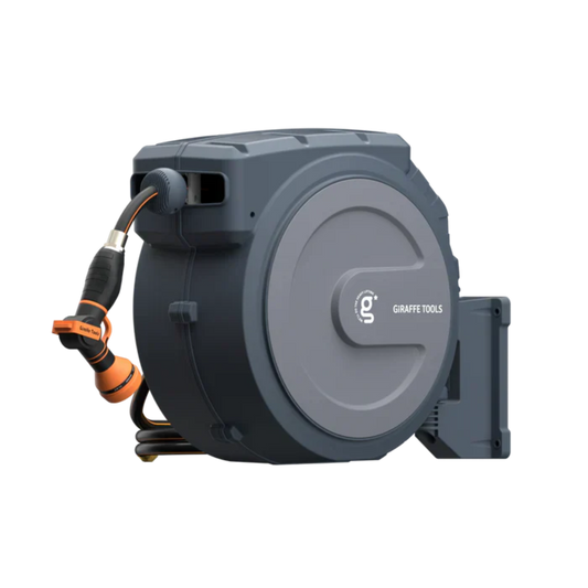 Retractable garden hose reel in grey on a white background