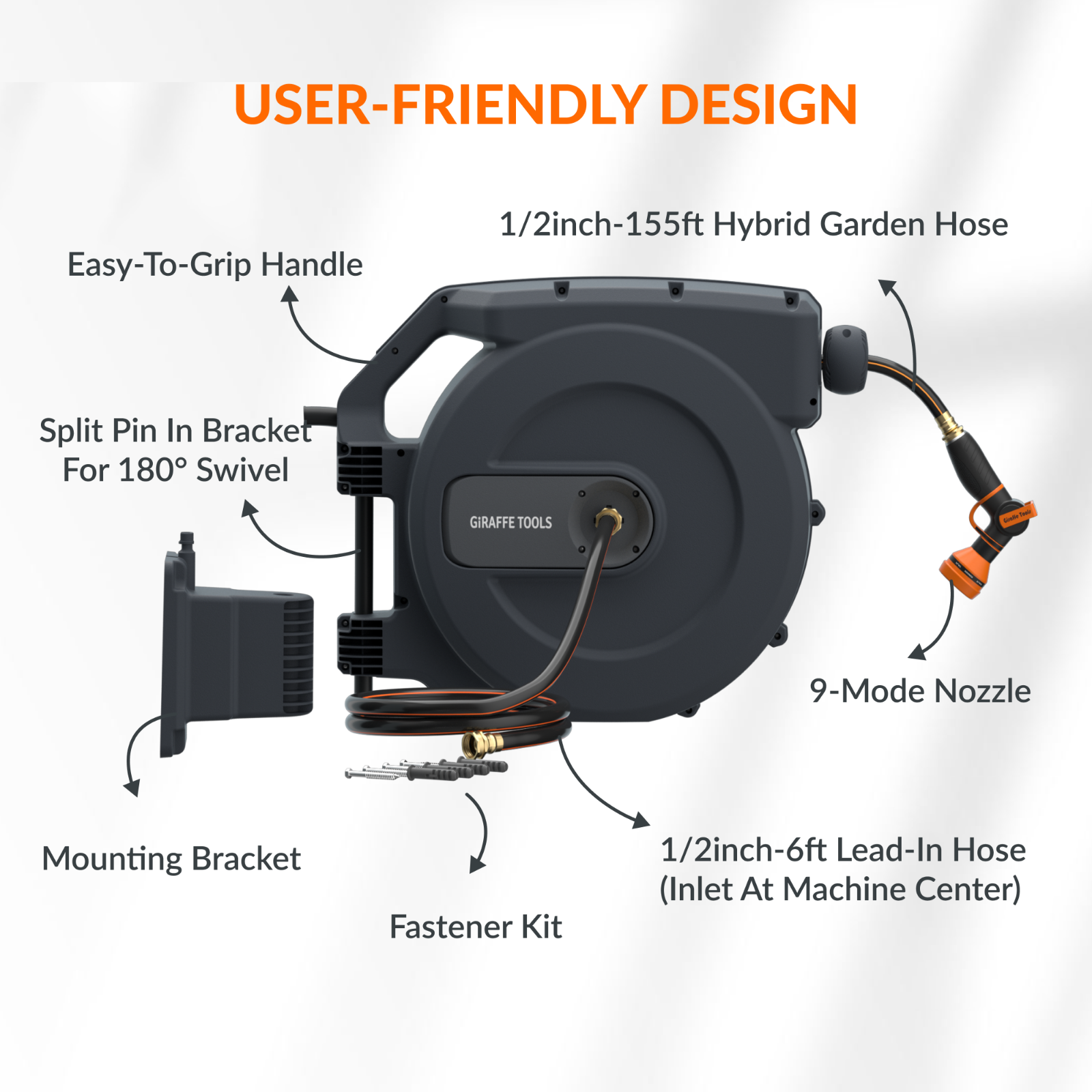 Retractable hose reel on a white background with labeled features including: easy to grip handle, 1/2 inch 155 foot hybrid garden hose, 9-mode nozzle, 1/2 inch 6 foot lead-in hose, fastener kit, mounting bracket, and a split pin in bracket for 180 degree swivel. 