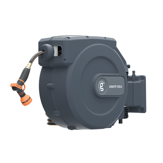 Retractable garden hose reel with hose and nozzle on a white background