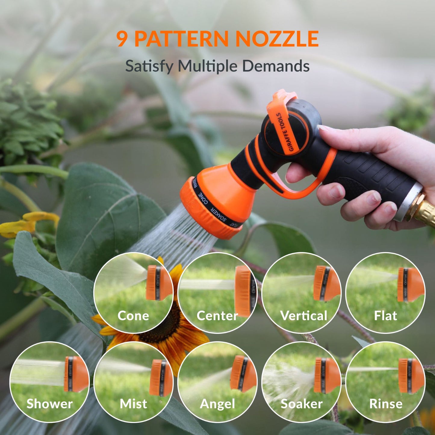 Hand holding the retractable garden hose nozzle with 9 pattern options displayed.