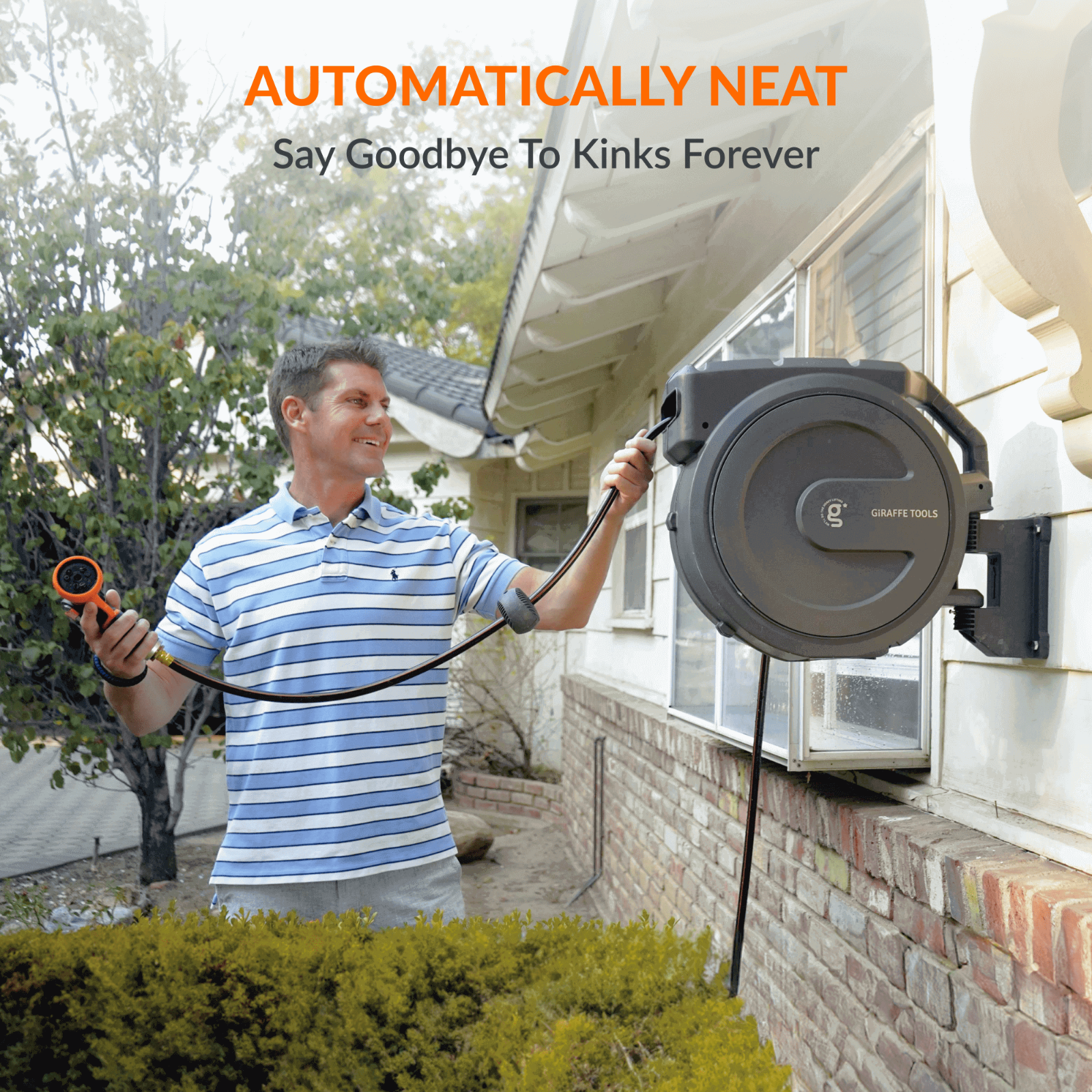 Man using retractable garden hose reel in a garden setting with text 'Automatically Neat, Say Goodbye To Kinks Forever' overlaying the image. 