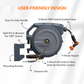 Retractable hose reel on a white background with labeled features including: easy to grip handle, 5/8 inch 90 foot hybrid garden hose, 9-mode nozzle, 5/8 inch 6 foot lead-in hose, fastener kit, mounting bracket, and a split pin in bracket for 180 degree swivel. 