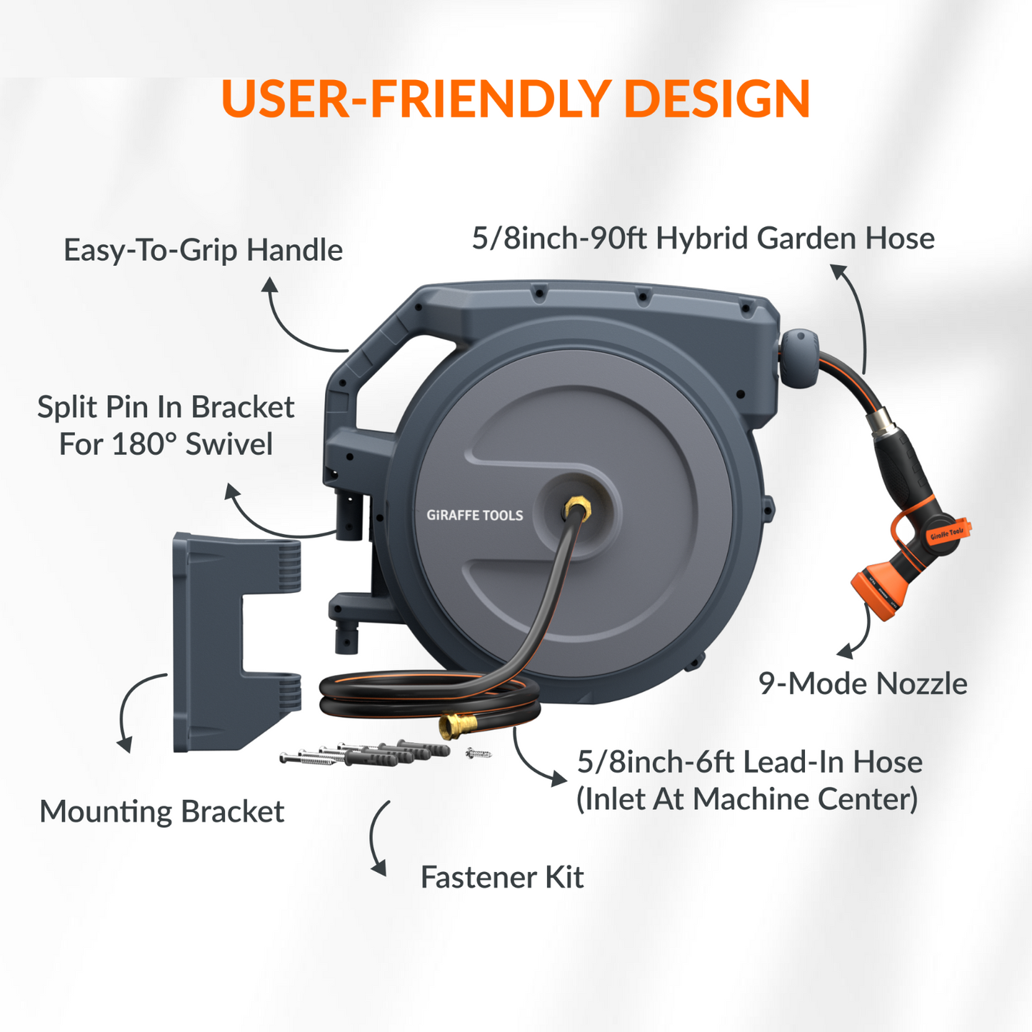 Retractable hose reel on a white background with labeled features including: easy to grip handle, 5/8 inch 90 foot hybrid garden hose, 9-mode nozzle, 5/8 inch 6 foot lead-in hose, fastener kit, mounting bracket, and a split pin in bracket for 180 degree swivel. 