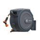 Retractable garden hose reel with hose and nozzle on a white background