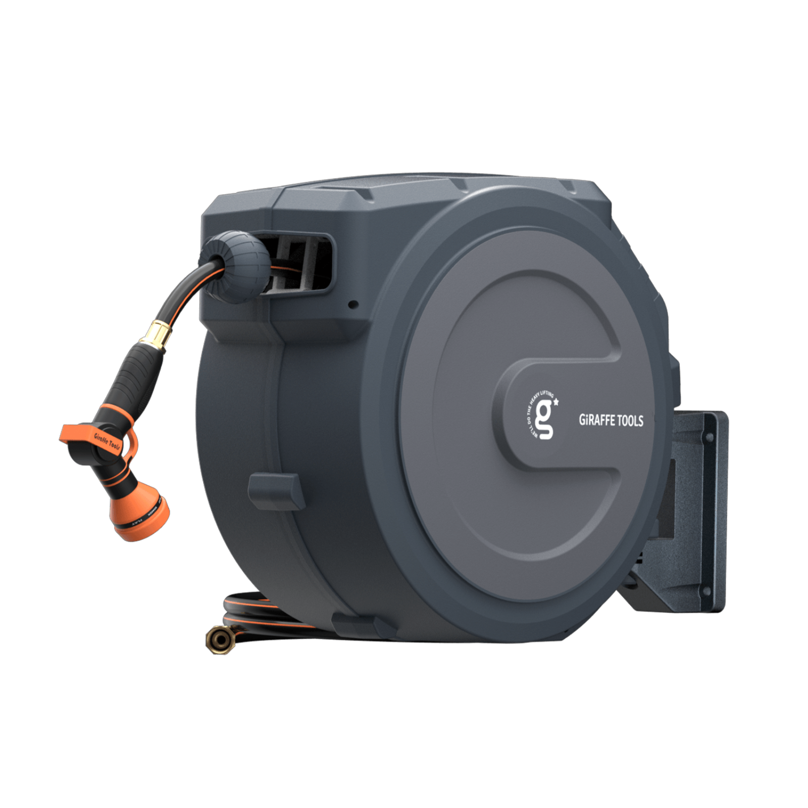 Retractable garden hose reel with hose and nozzle on a white background
