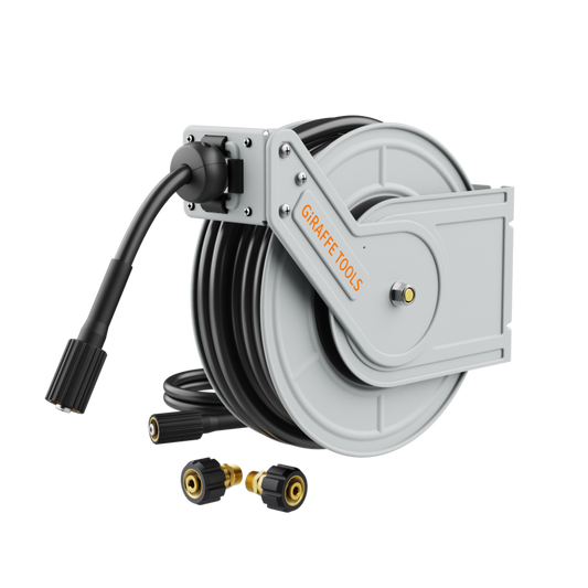 Retractable pressure washer with hose reel and nozzle on a white background