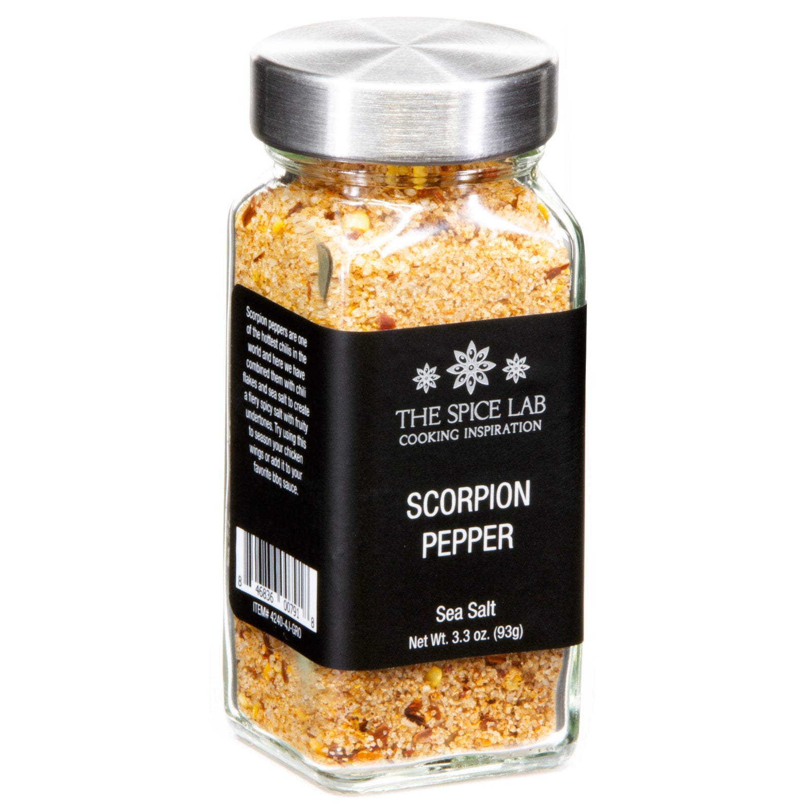 Jar of scorpion pepper sea salt with a black label on a white background