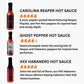 Pepper Joe's Tour of Heat hot sauce gift box sauces that includes one bottle each of Ghost Pepper, XXX Habanero,  and Carolina Reaper with descriptions beside each bottle with flavor notes and indicating heat level for all three sauces.