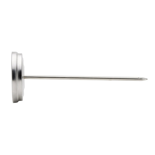 Stainless steel thermometer side view on a white background