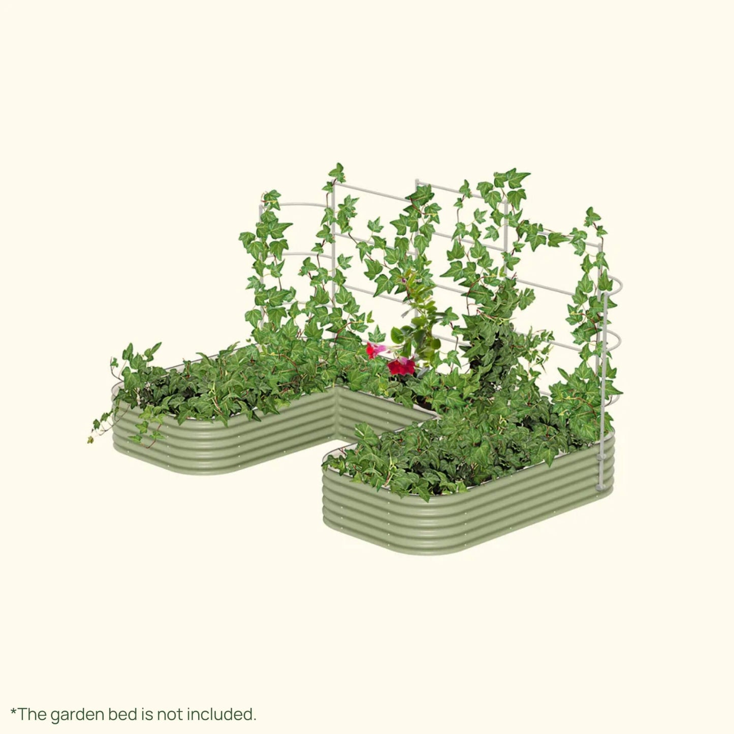 Wall Trellis system VWTUJB for raised garden beds installed in a raised garden on a white background.