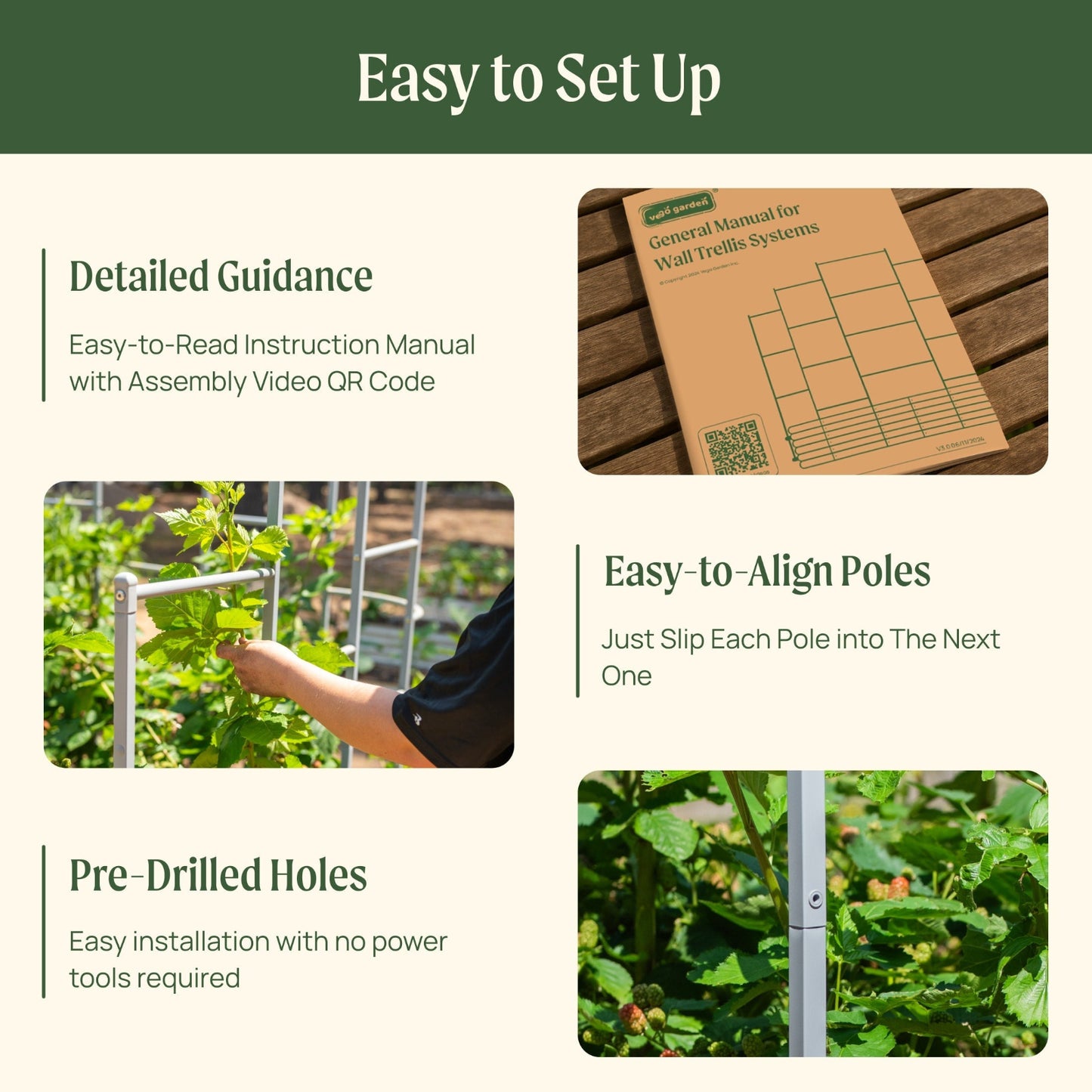 Wall trellis system for raised garden beds with easy setup, featuring an instruction manual with QR code, aligned poles, and pre-drilled holes for tool-free installation