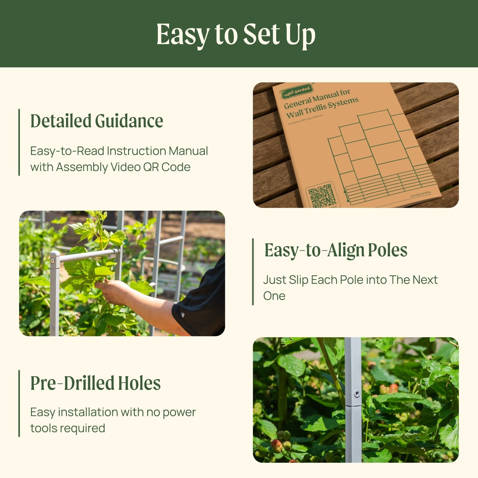 Wall trellis system for raised garden beds with easy setup, featuring an instruction manual with QR code, aligned poles, and pre-drilled holes for tool-free installation