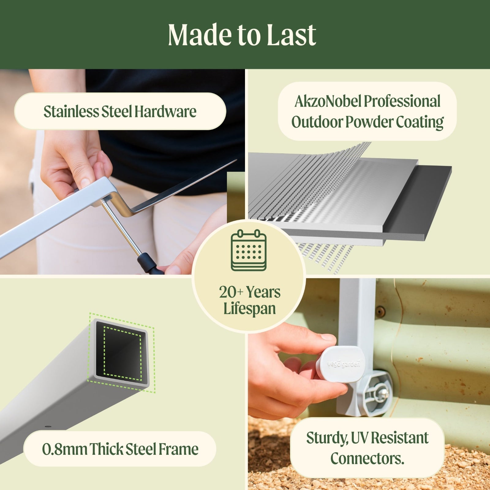 Wall Trellis system for raised garden beds are made to last with a 20 plus year life span, stainless steel hardware, AkzoNobel Professional outdoor powder coating, 0.8mm thick steel frame, and sturdy UV resistant connectors.