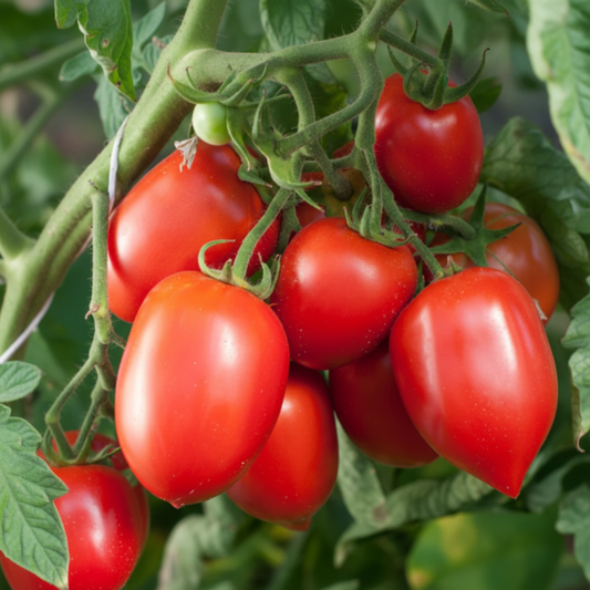 Red Amish Paste Tomato bunch on the plant, used to display tomato seeds for sale