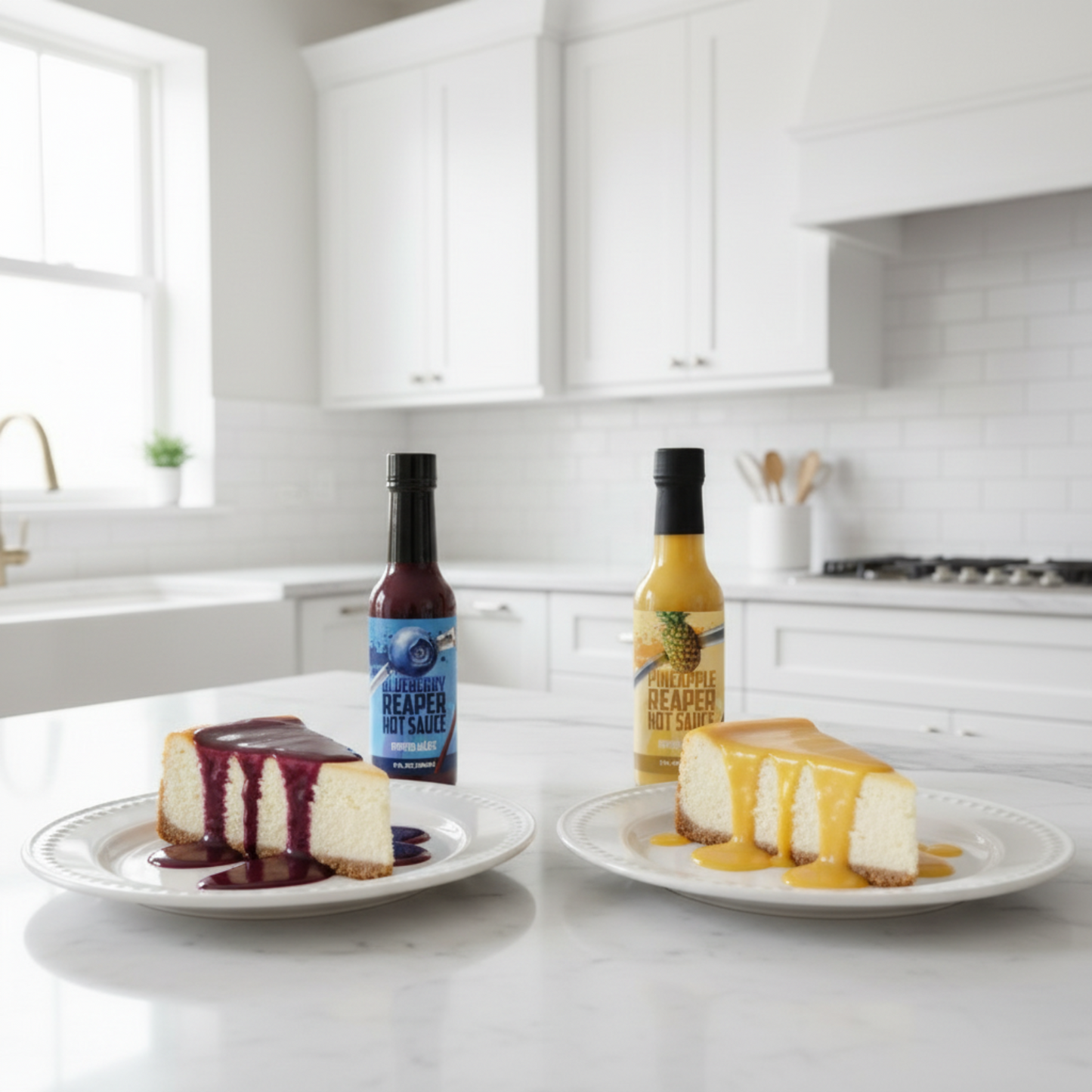 Two slices of cheesecake topped with Blueberry Reaper hot sauce and Pineapple Reaper hot sauce in a bright white kitchen alongside the sauce bottles.