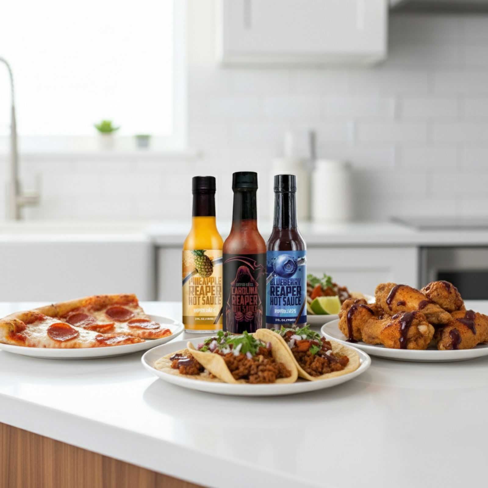 One bottle each of Pineapple Reaper, Carolina Reaper, and Blueberry Hot Sauce included in the Reaper Gift Box on a white kitchen counter beside a plate of pizza, plate of tacos, plate of fried chicken wings drizzled in the sauces.