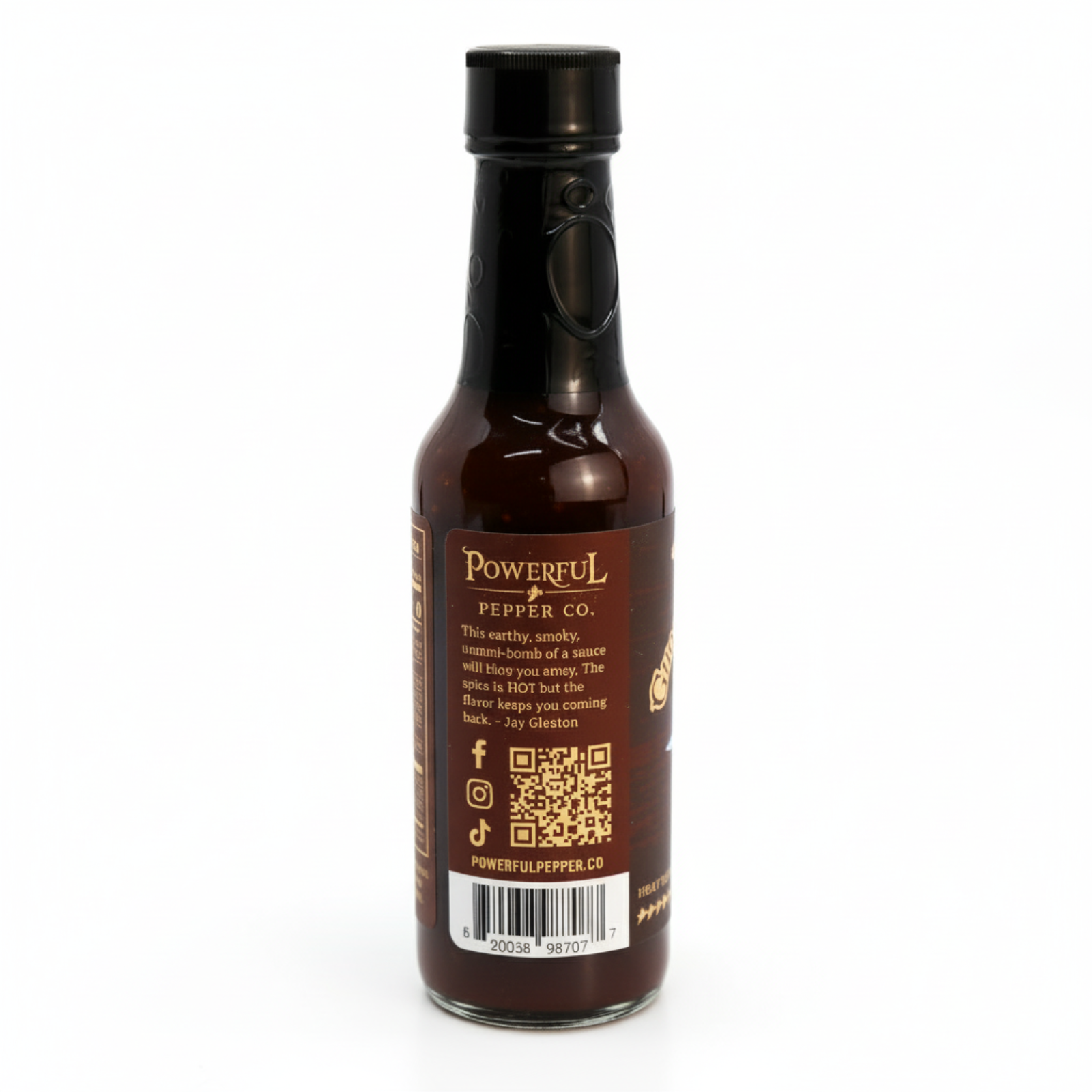 Back label of Chipotle Ghost & Black Garlic Hot Sauce bottle showing ingredients and nutrition facts