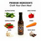 Chipotle Ghost & Black Garlic Hot Sauce bottle surrounded by fresh premium ingredients like jalapeno peppers, ghost peppers, chipotle peppers, carrots, onion and black garlic used to make the sauce.