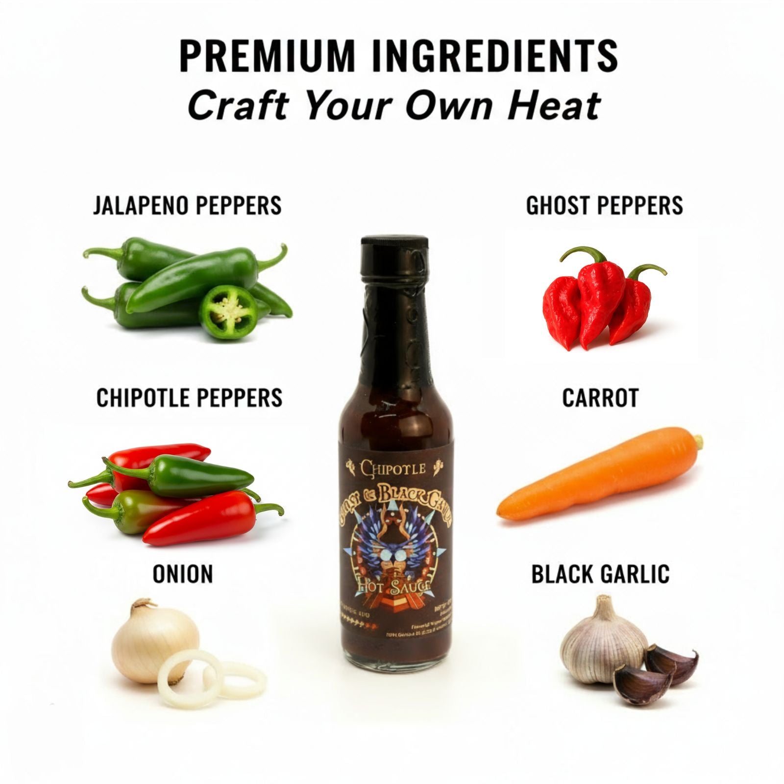 Chipotle Ghost & Black Garlic Hot Sauce bottle surrounded by fresh premium ingredients like jalapeno peppers, ghost peppers, chipotle peppers, carrots, onion and black garlic used to make the sauce.
