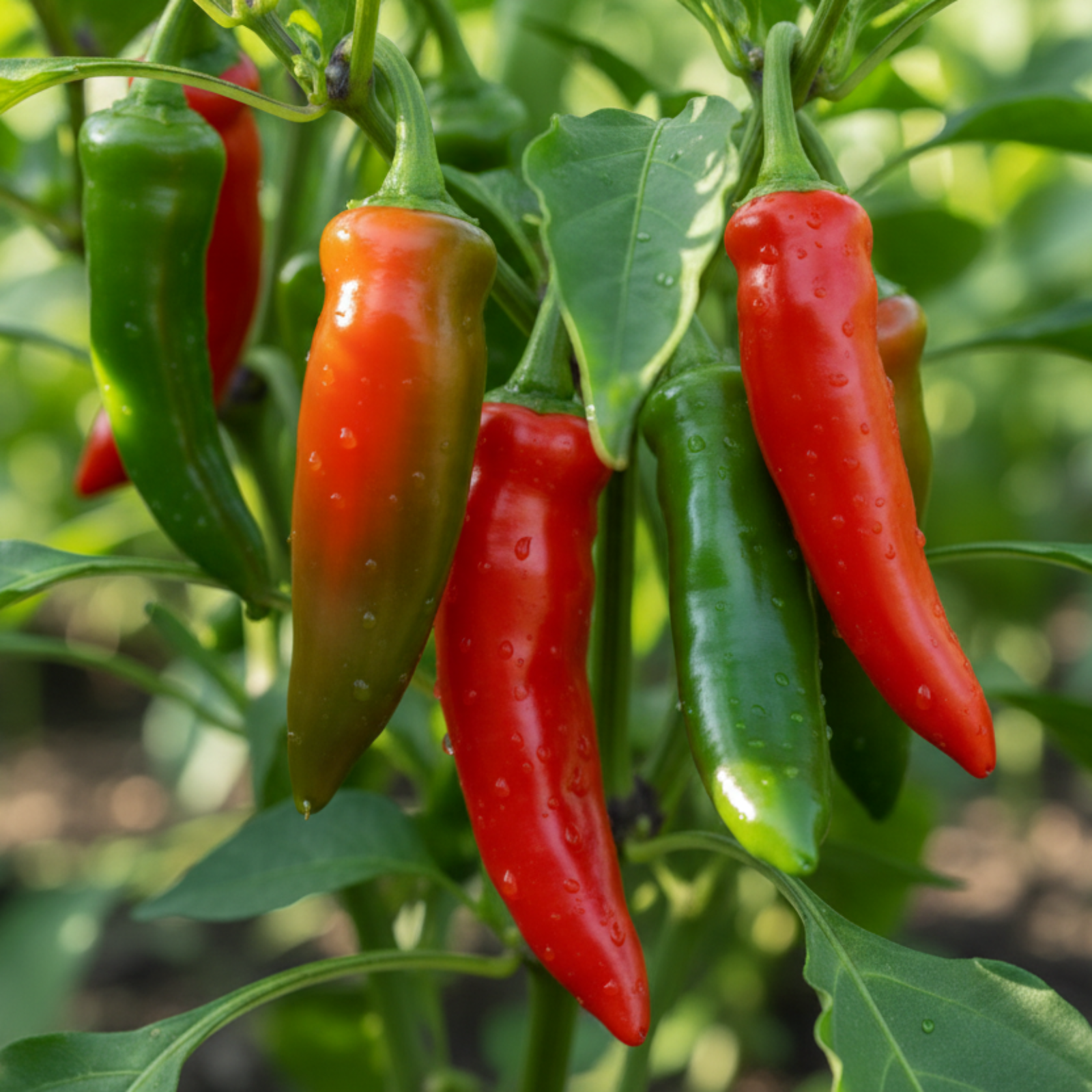 Close-up of Zesty 7 peppers ripening on plant. Used to display pepper seeds for sale. 