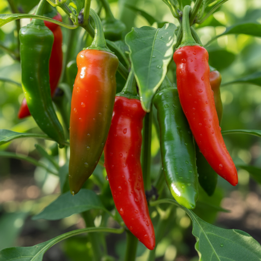 Close-up of Zesty 7 peppers ripening on plant. Used to display pepper seeds for sale. 