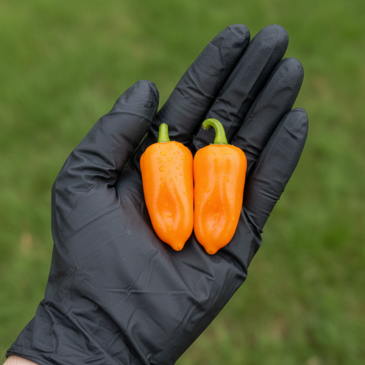 Datil peppers, yellow, in black gloved hand used to  display pepper seeds for sale