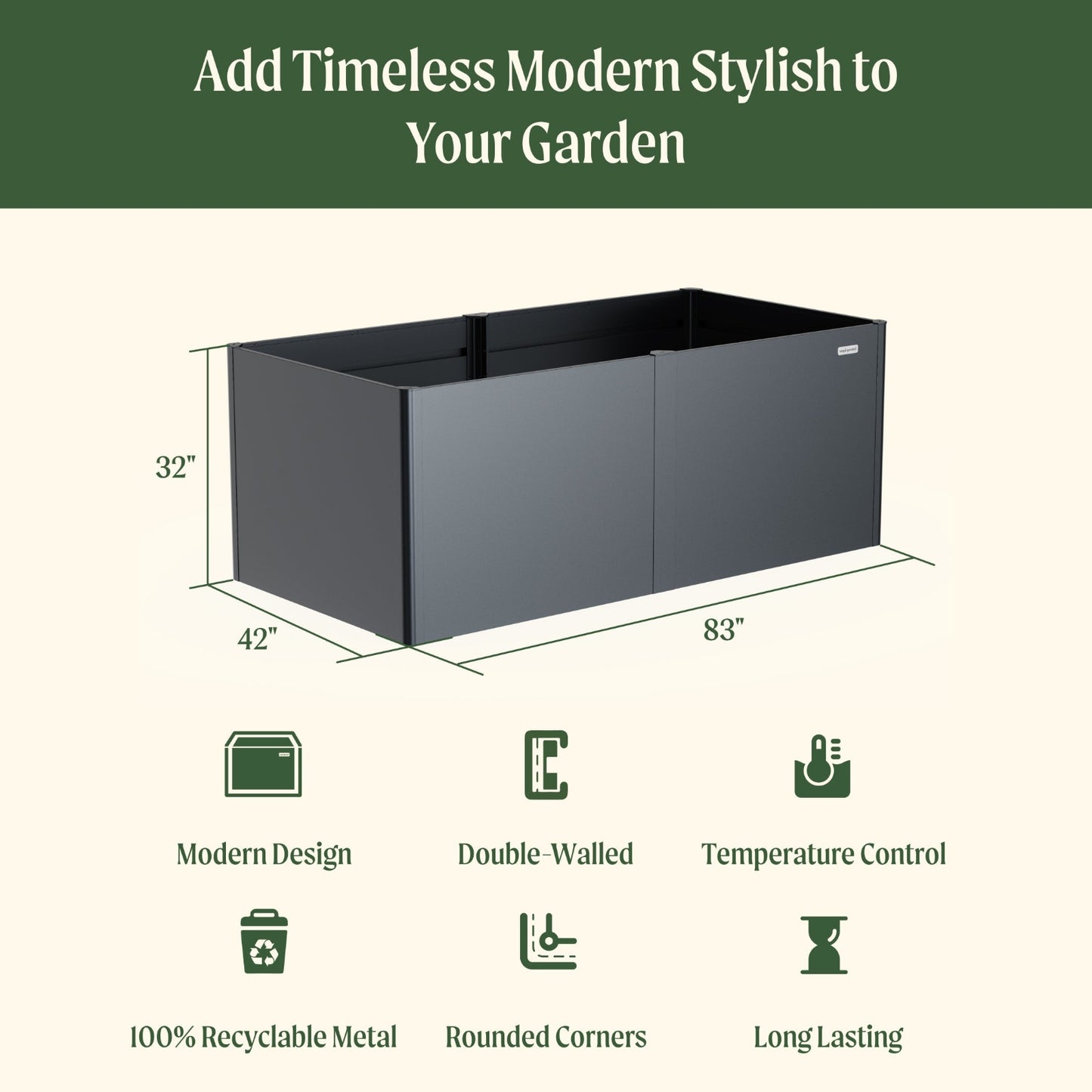 Black metal garden planter with dimensions of 42 inches wide by 83 inches long by 32 inches tall and included features: modern design, double-walled, temperature control, 100% recyclable metal, rounded corners, and long lasting.