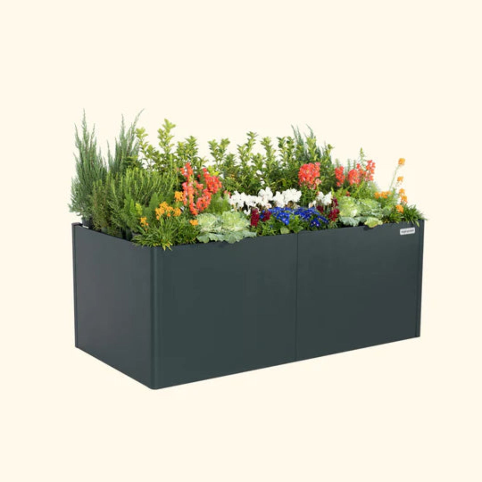 Umber Brown extra tall metal raised garden bed with colorful flowers and plants on a white background.