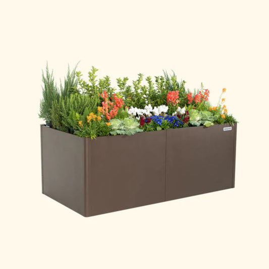 Umber Brown extra tall metal raised garden bed with colorful flowers and plants on a white background.