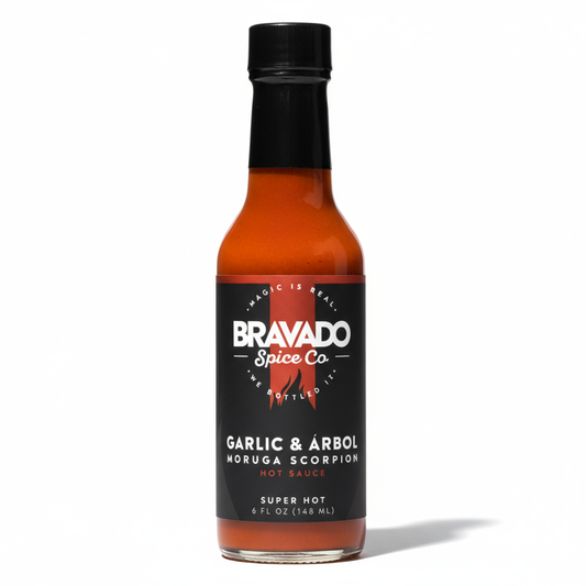 Garlic & Árbol Moruga Scorpion Hot Sauce on white background