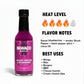Ghost Pepper & Blueberry Hot Sauce heat and flavor infographic showing heat level 4 of 5 with sweet blueberries, smoky ghost pepper, black pepper spice, and citrus lift flavor notes, suggesting best uses on wings, ribs, burgers, BBQ, cheese boards, and cream cheese dips.