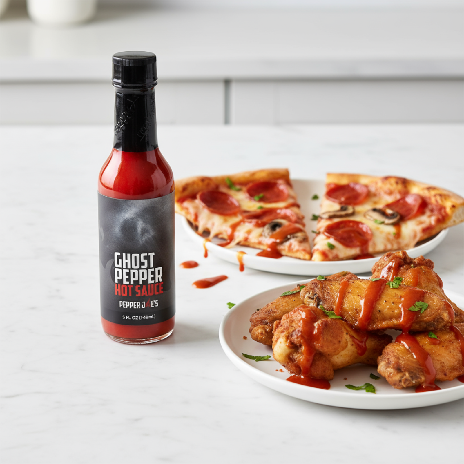 Ghost Pepper Hot Sauce bottle on a white kitchen counter beside a plate of fried chicken wings and a plate of pizza drizzled with ghost hot sauce.
