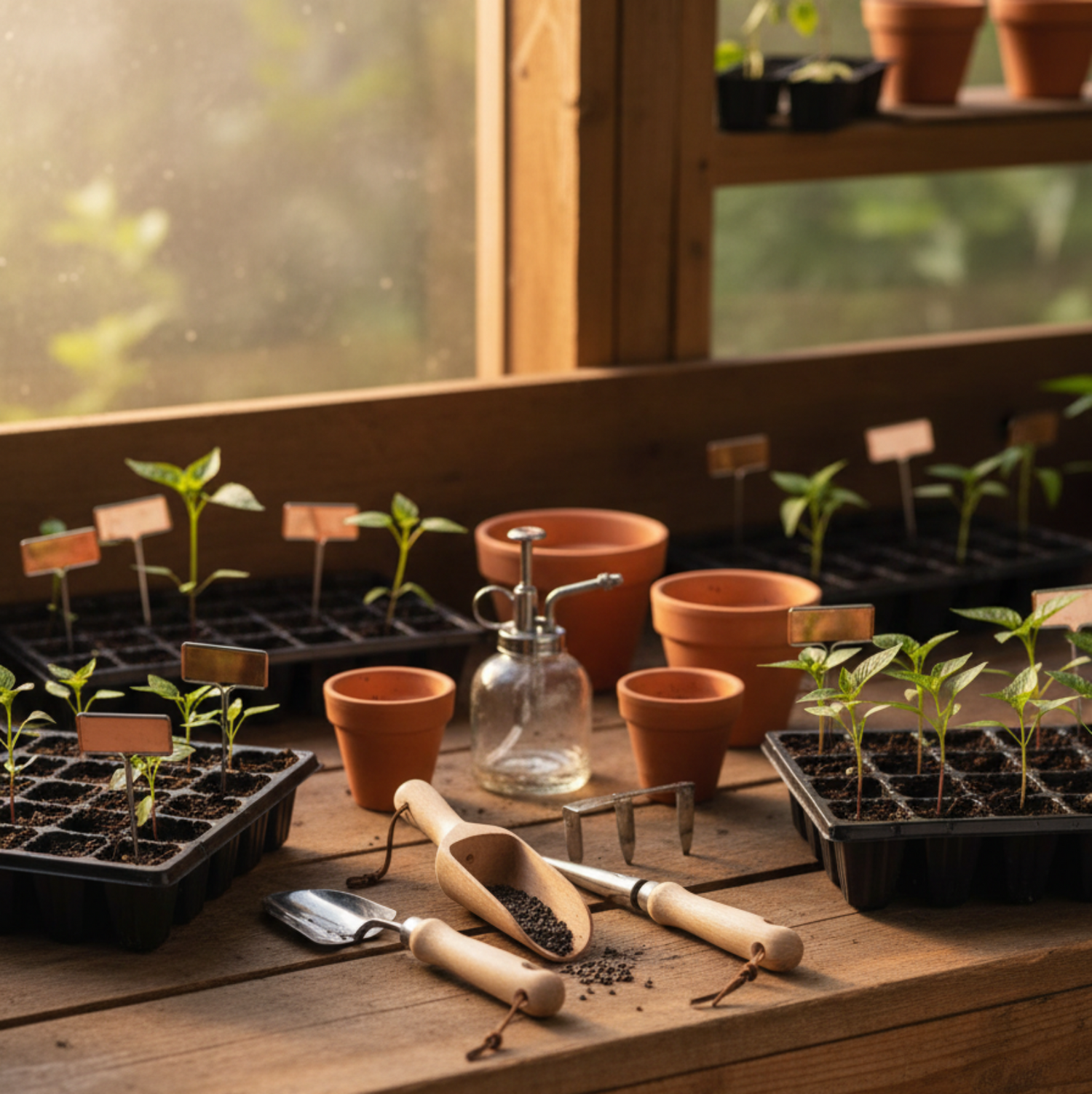 Golden Hour Seed Starting on wooden bench with soil, tools and pots surrounding