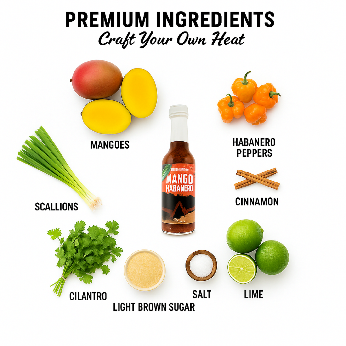 Mango Habanero Hot Sauce bottle surrounded by fresh premium ingredients like mangos, habanero peppers, scallions, limes, and spices used to make the sauce.
