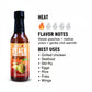 Peach Vidalia Onion Hot Sauce heat and flavor infographic showing heat level 1 of 5 with sweet peaches, mellow onion, and gentle chili warmth flavor notes, suggesting best uses on grilled chicken, seafood, stir-fry, eggs, rice, fries, and wings.
