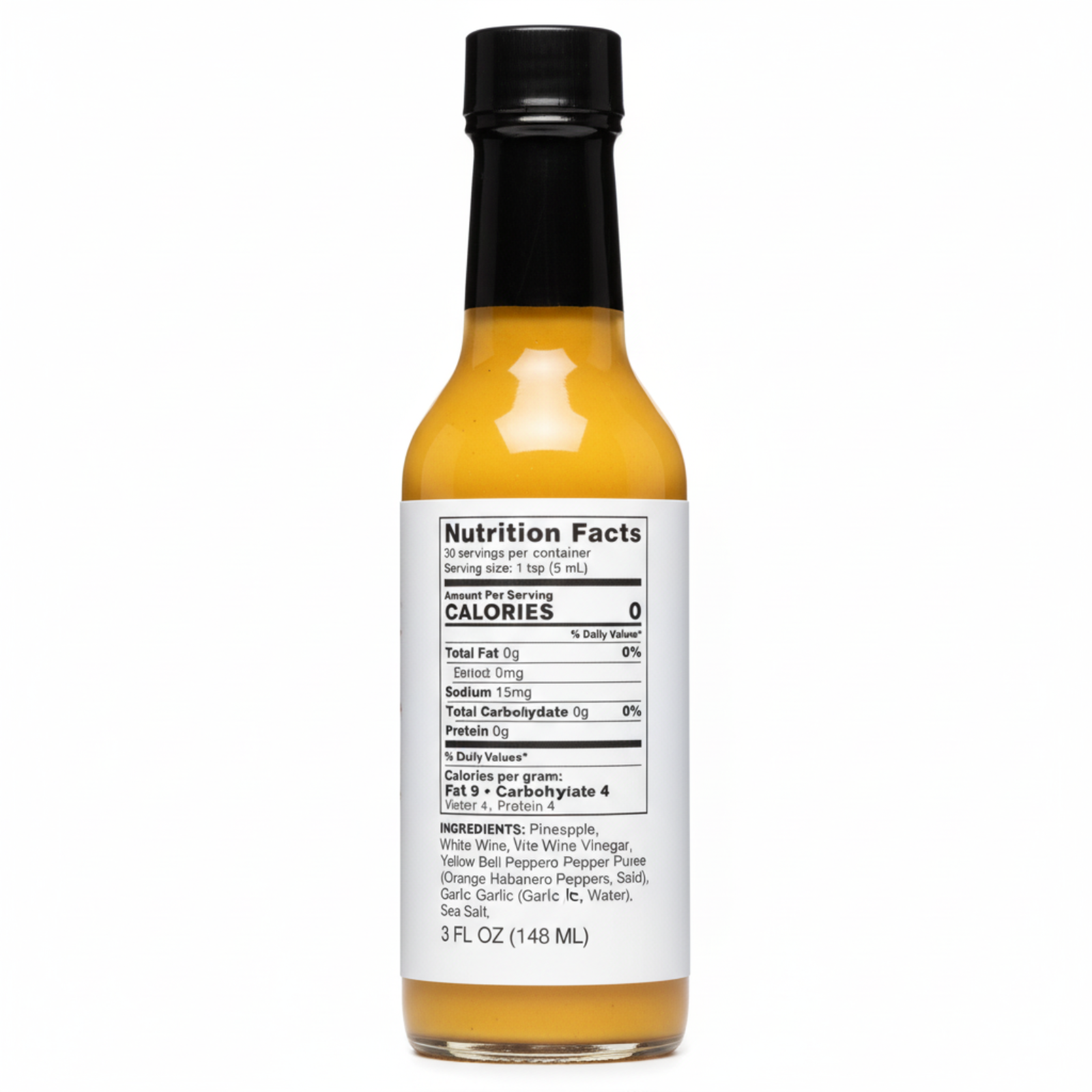 Back label of Pineapple & Habanero Hot Sauce bottle showing ingredients and nutrition facts