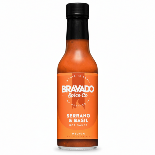 Serrano and Basil Hot Sauce on white background