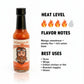 Smoked Mango Habanero Hot Sauce heat and flavor infographic showing heat level 4 of 5 with mango sweetness, smoky fire, and rich onion base flavor notes, suggesting best uses on tacos, wings, grilled chicken or fish, roasted veggies, and glazes. 