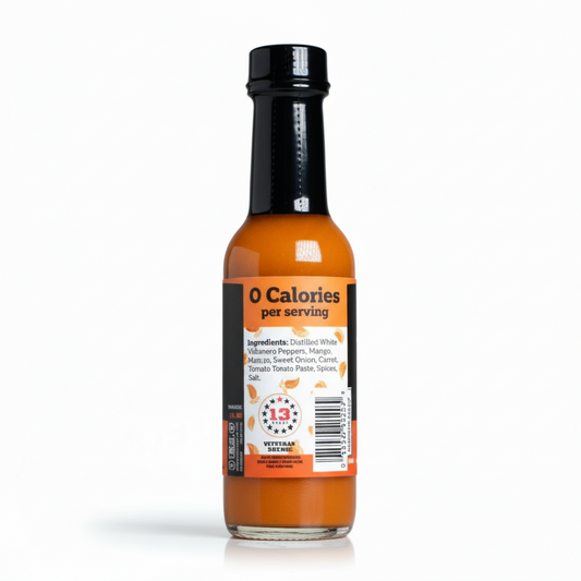 Back label of Tango Mango Hot Sauce bottle showing ingredients and nutrition facts