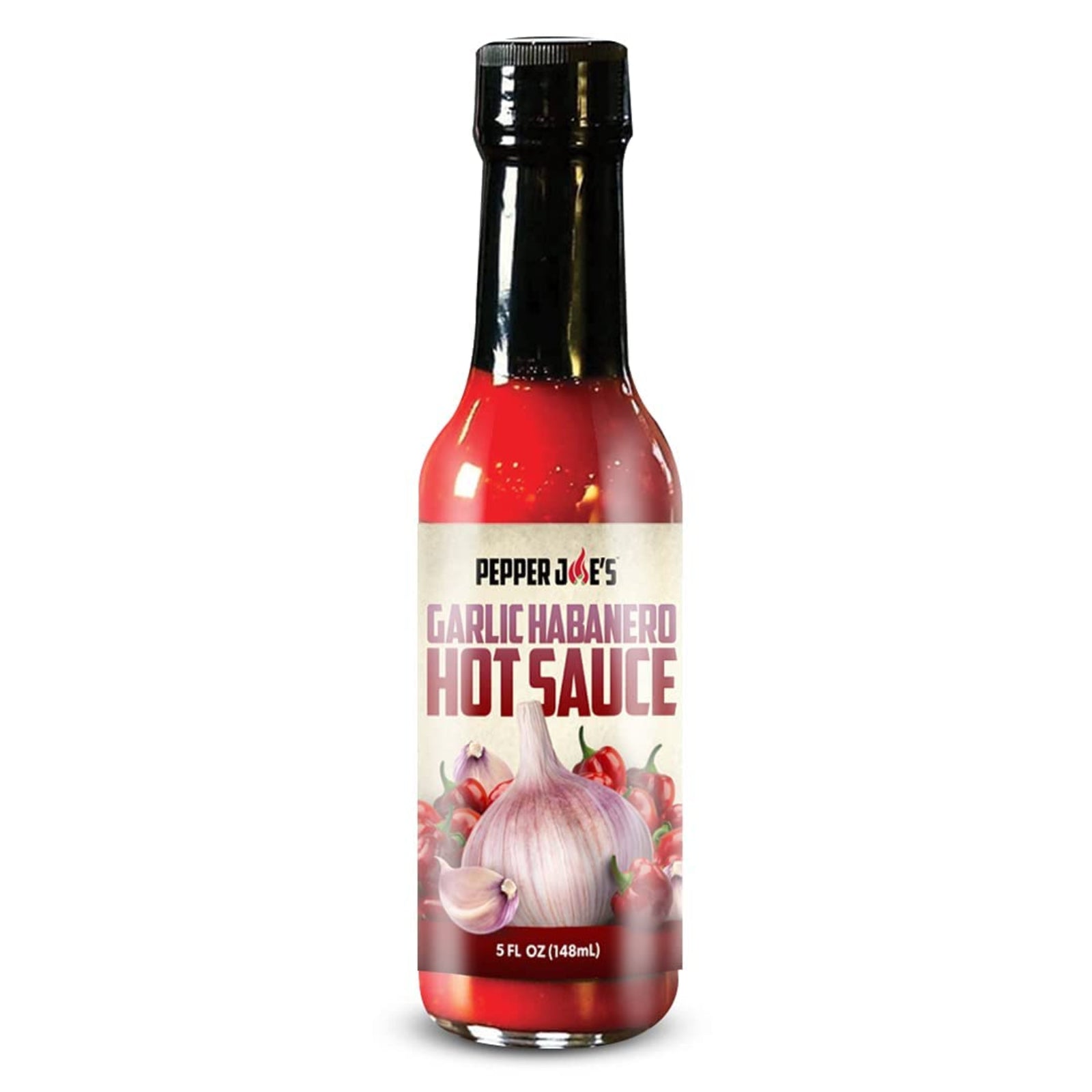Pepper Joe's garlic habanero hot sauce bottle on white background