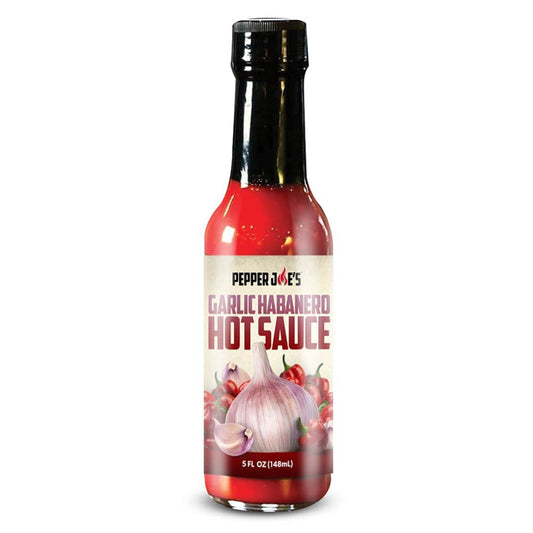 Pepper Joe's garlic habanero hot sauce bottle on white background