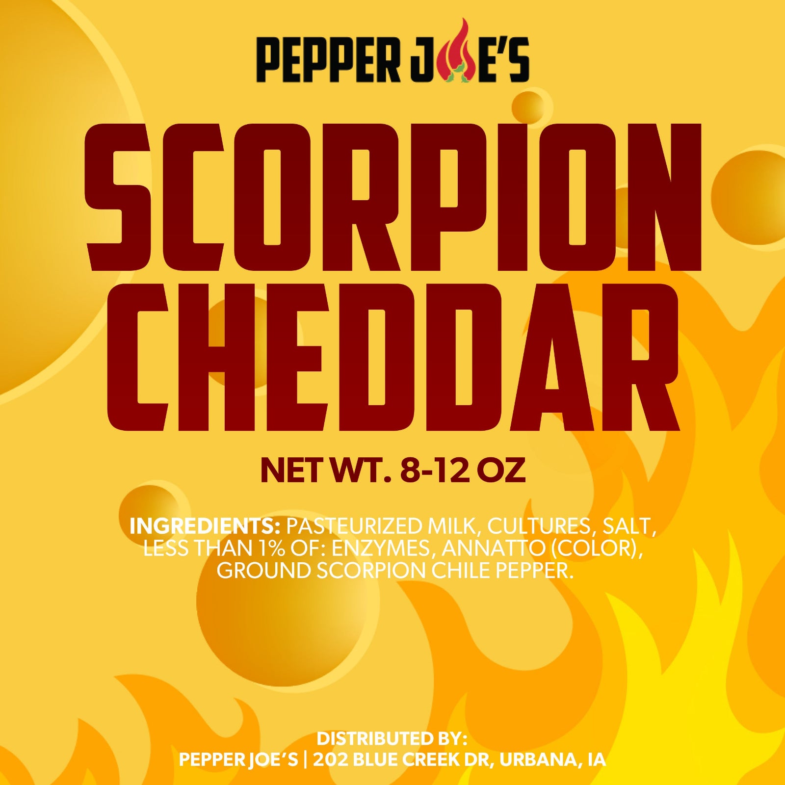 Pepper Joe's Trinidad Scorpion Cheddar Cheese packaging label